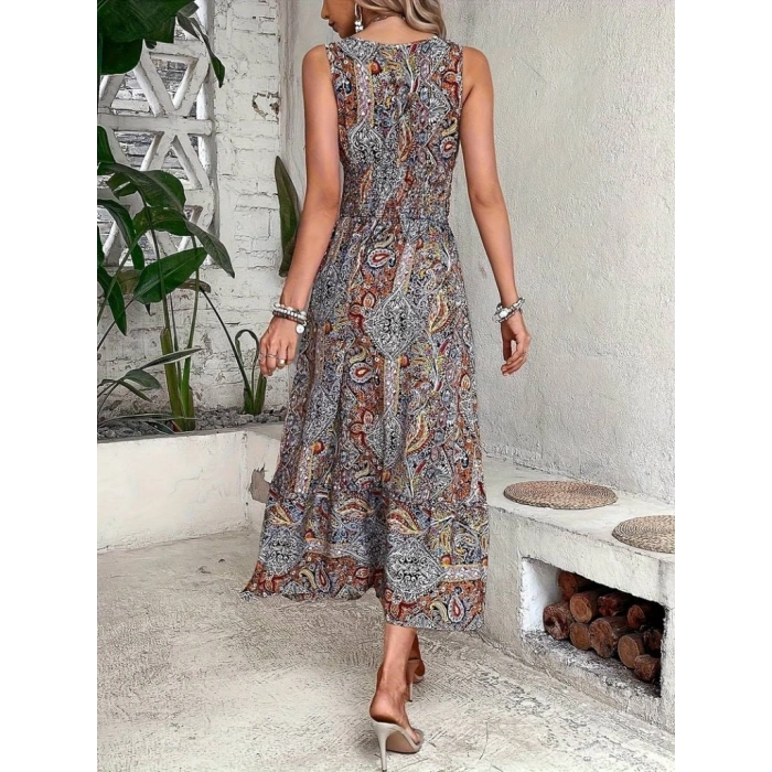 MARSiLYAN- Kadın Beli Gipeli Etnik Desen Sıfır Kol Süprem Elbise