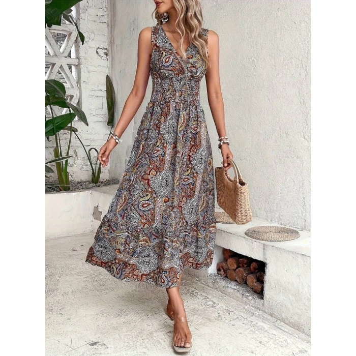 MARSiLYAN- Kadın Beli Gipeli Etnik Desen Sıfır Kol Süprem Elbise