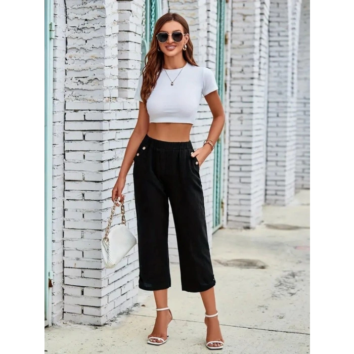 MARSiLYAN- Kadın Beli Lastikli Düğme Ve Cep Detaylı Kapri Ithal Keten Pantolon