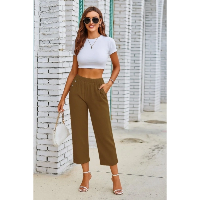 MARSiLYAN- Kadın Beli Lastikli Düğme Ve Cep Detaylı Kapri Ithal Keten Pantolon