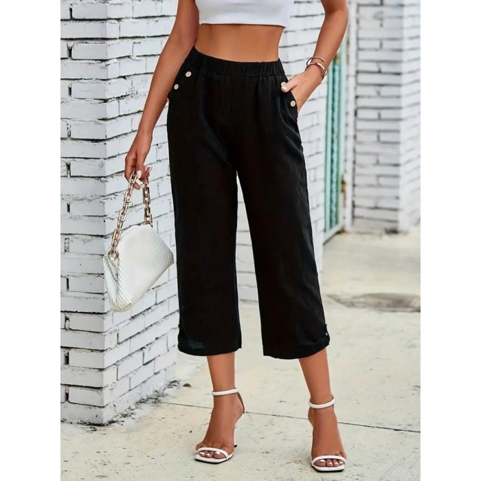 MARSiLYAN- Kadın Beli Lastikli Düğme Ve Cep Detaylı Kapri Ithal Keten Pantolon