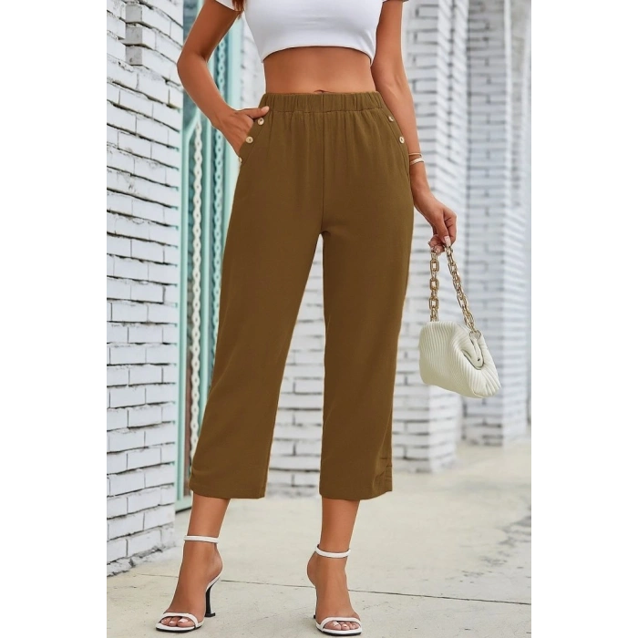 MARSiLYAN- Kadın Beli Lastikli Düğme Ve Cep Detaylı Kapri Ithal Keten Pantolon