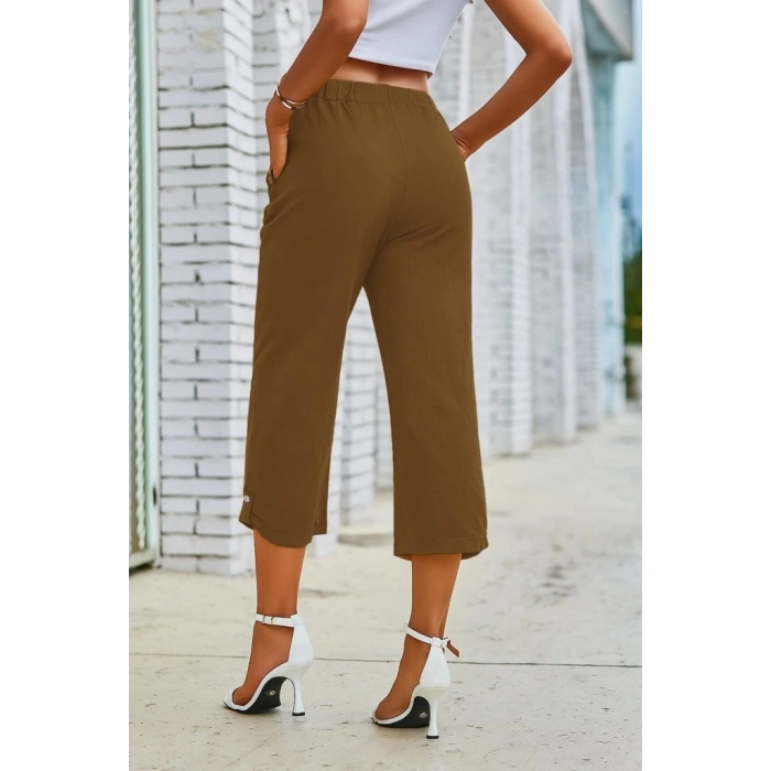 MARSiLYAN- Kadın Beli Lastikli Düğme Ve Cep Detaylı Kapri Ithal Keten Pantolon