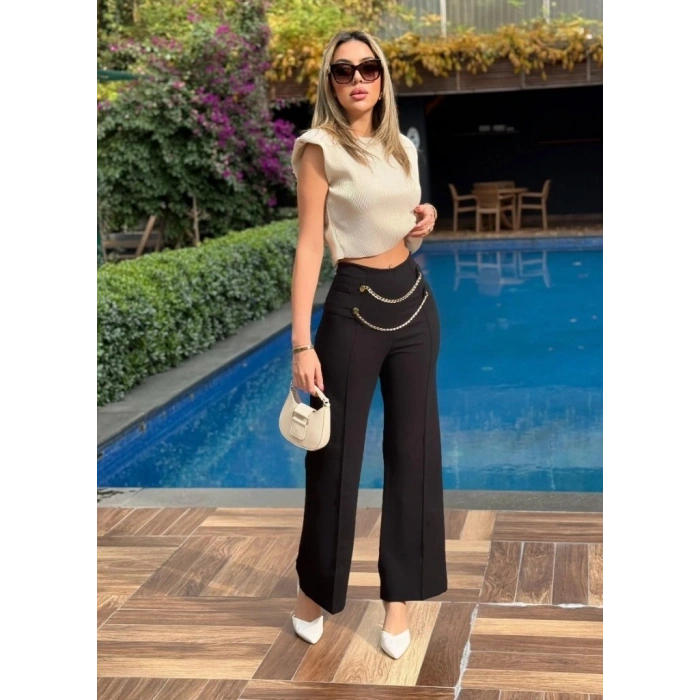 MARSiLYAN- Kadın Beli Zincir Detay Ithal Krep Pantolon