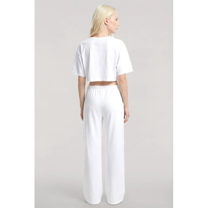 MARSiLYAN- Kadın Beyaz Baskılı Crop T-Shirt Pantolon Takım %100 Pamuk Rahat 2’li Set