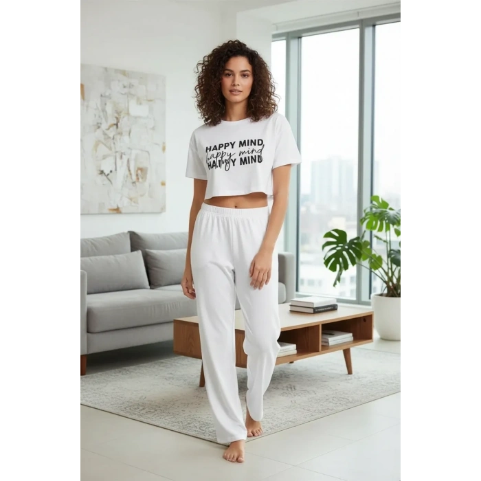 MARSiLYAN- Kadın Beyaz Baskılı Crop T-Shirt Pantolon Takım Rahat Günlük Kombin 2’li Set