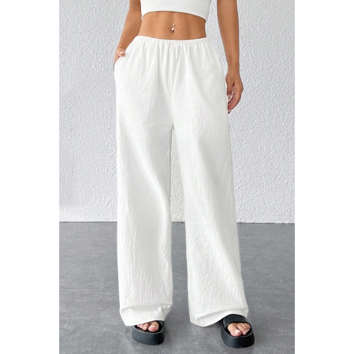 MARSiLYAN- Kadın Beyaz Bol Kesim Cepli Geniş Paça Dökümlü Pantolon