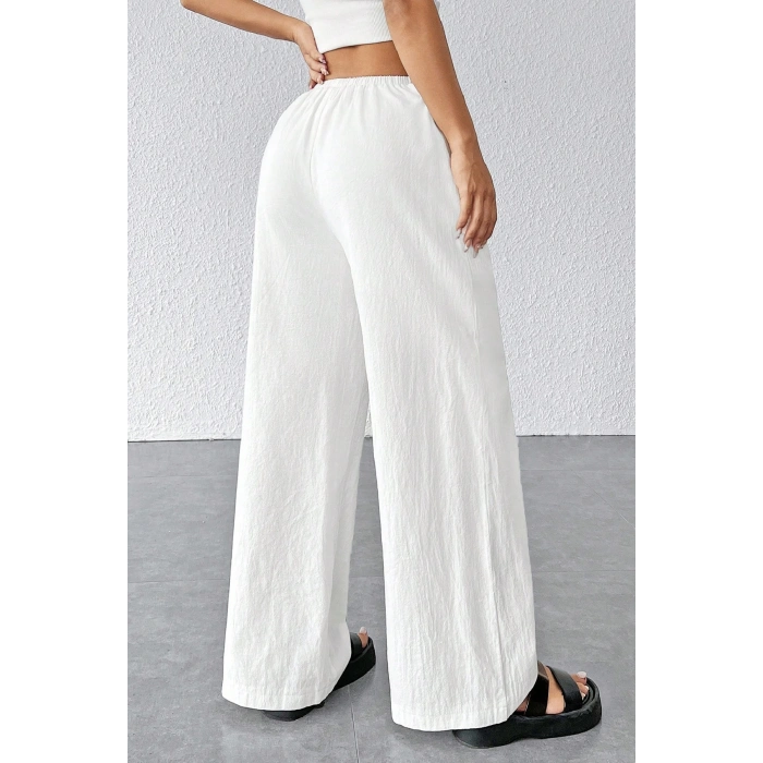 MARSiLYAN- Kadın Beyaz Bol Kesim Cepli Geniş Paça Dökümlü Pantolon