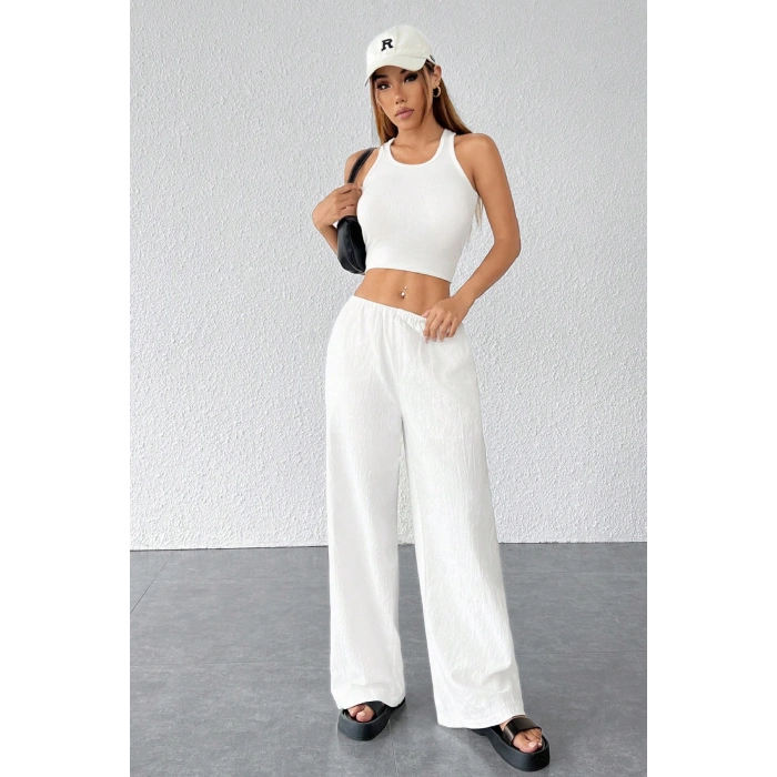 MARSiLYAN- Kadın Beyaz Bol Kesim Cepli Geniş Paça Dökümlü Pantolon