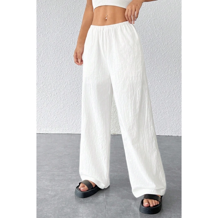MARSiLYAN- Kadın Beyaz Bol Kesim Cepli Geniş Paça Dökümlü Pantolon