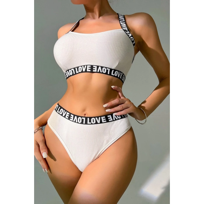 MARSiLYAN- Kadın Beyaz Çapraz Sırt Ve Love Yazı Detaylı Iç Çamaşır Takımı
