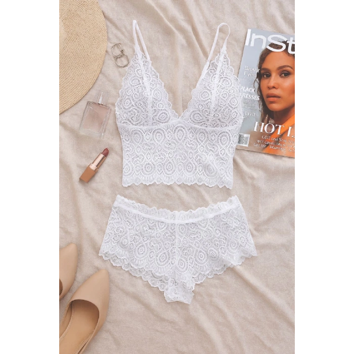 MARSiLYAN- Kadın Beyaz Dantel Bralet Şort Takımı – Romantik ve Zarif İç Giyim