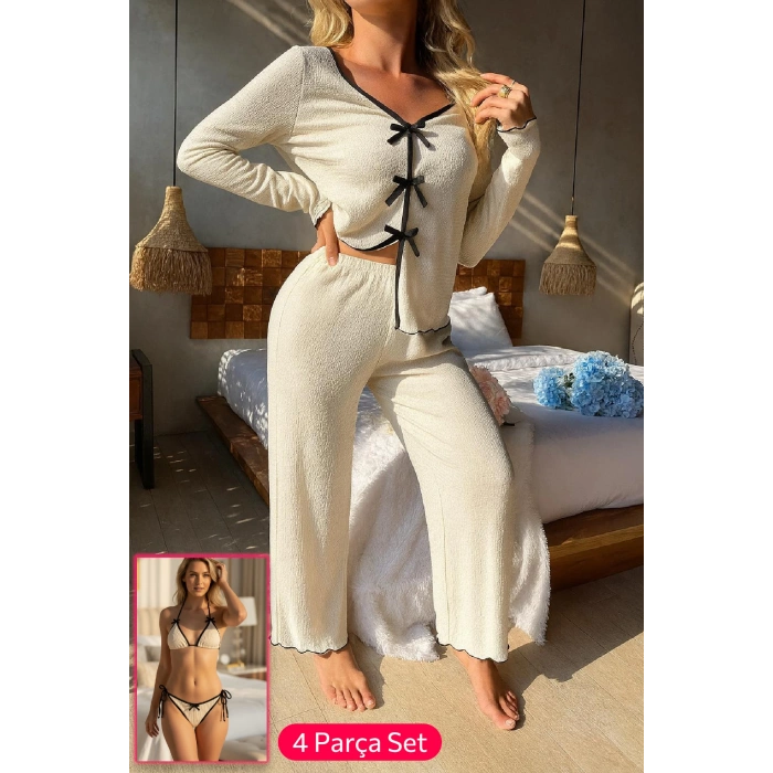 MARSiLYAN- Kadın Beyaz Fiyonklu İç Çamaşırı ve Uzun Kollu V Yaka Pijama Takımı 4lü Set