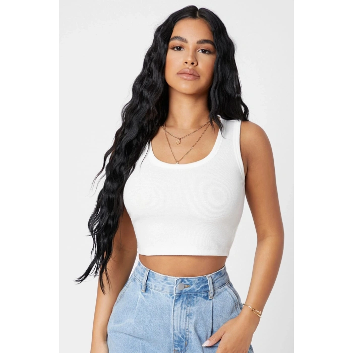 MARSiLYAN- Kadın Beyaz Kare Yaka Crop Top Bluz