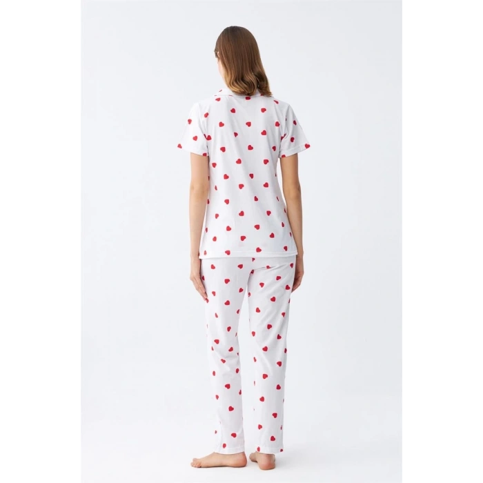 MARSiLYAN- Kadın Beyaz Kırmızı Kalpli Önden Düğmeli Pijama Takımı