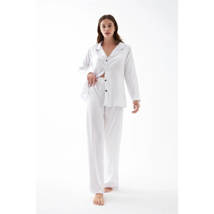 MARSiLYAN- Kadın Beyaz Oversize Saten Pijama Takımı – Rahat Kesim Şık Ev Giyim Seti