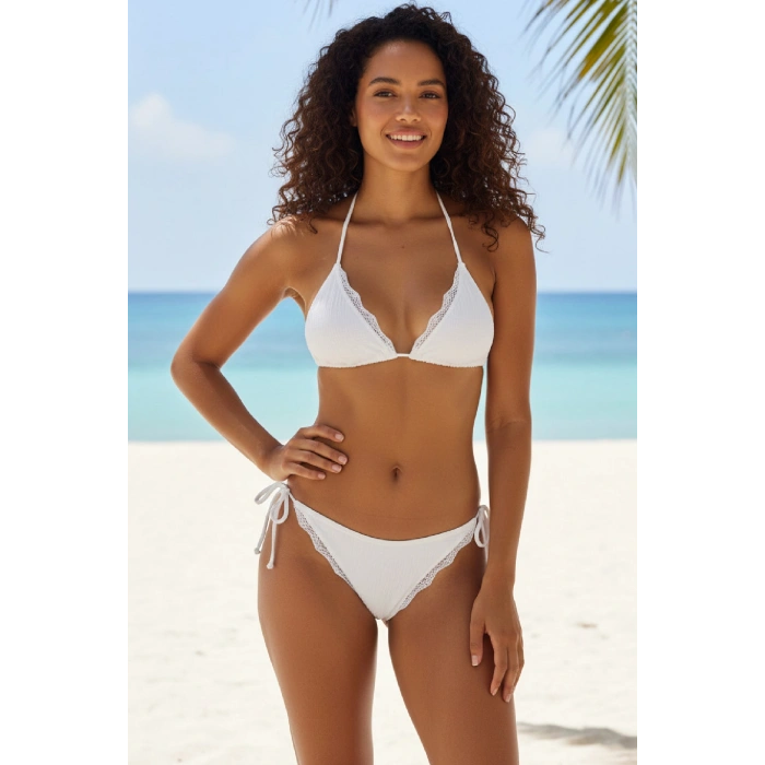 MARSiLYAN- Kadın Beyaz Pedli Bel ve Boyundan Bağlamalı Dantelli Şık Bikini Takımı