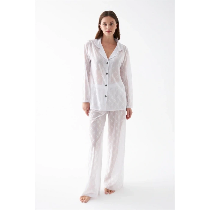 MARSiLYAN- Kadın Beyaz Şeffaf Jakar Düğmeli Pijama Takımı