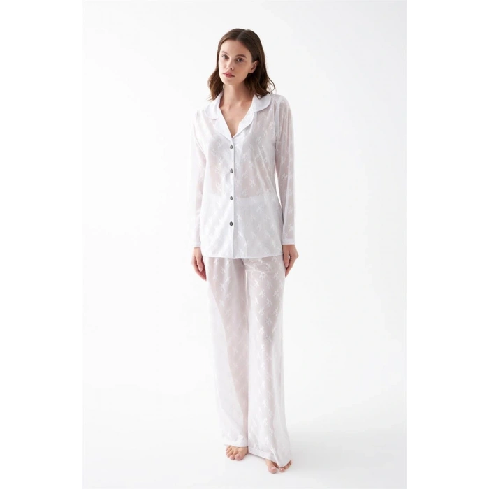 MARSiLYAN- Kadın Beyaz Şeffaf Jakar Düğmeli Pijama Takımı