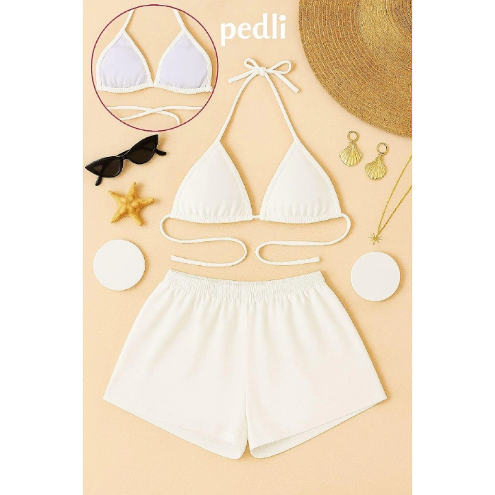 MARSiLYAN- Kadın Beyaz Şortlu Belden ve Boyundan Bağlamalı Bikini Takımı