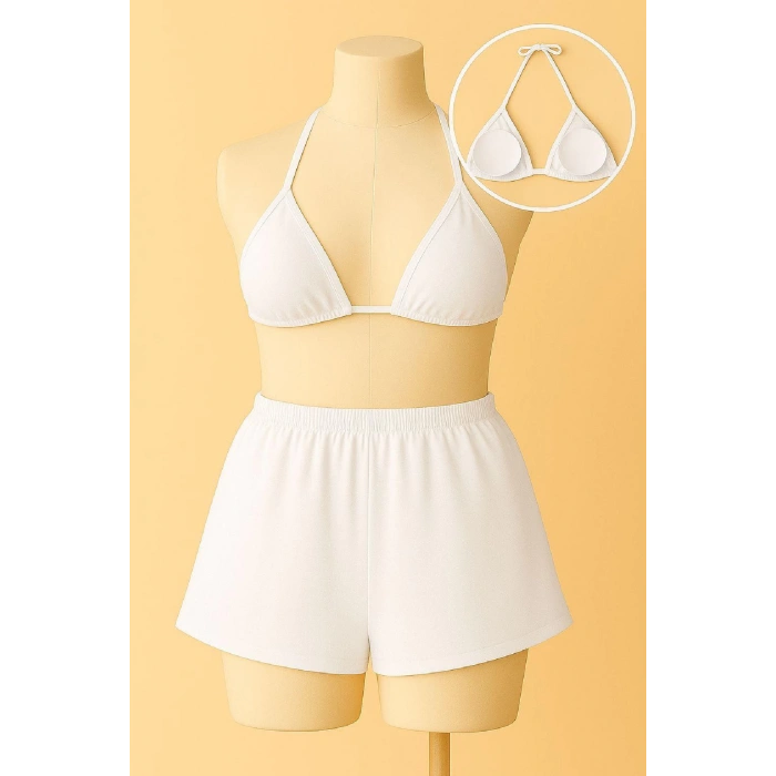 MARSiLYAN- Kadın Beyaz Şortlu Belden ve Boyundan Bağlamalı Bikini Takımı