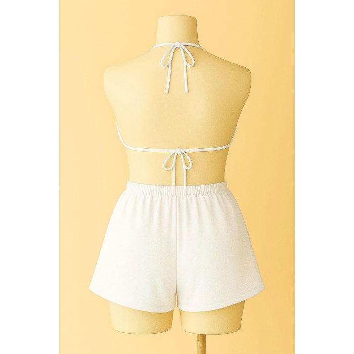 MARSiLYAN- Kadın Beyaz Şortlu Belden ve Boyundan Bağlamalı Bikini Takımı