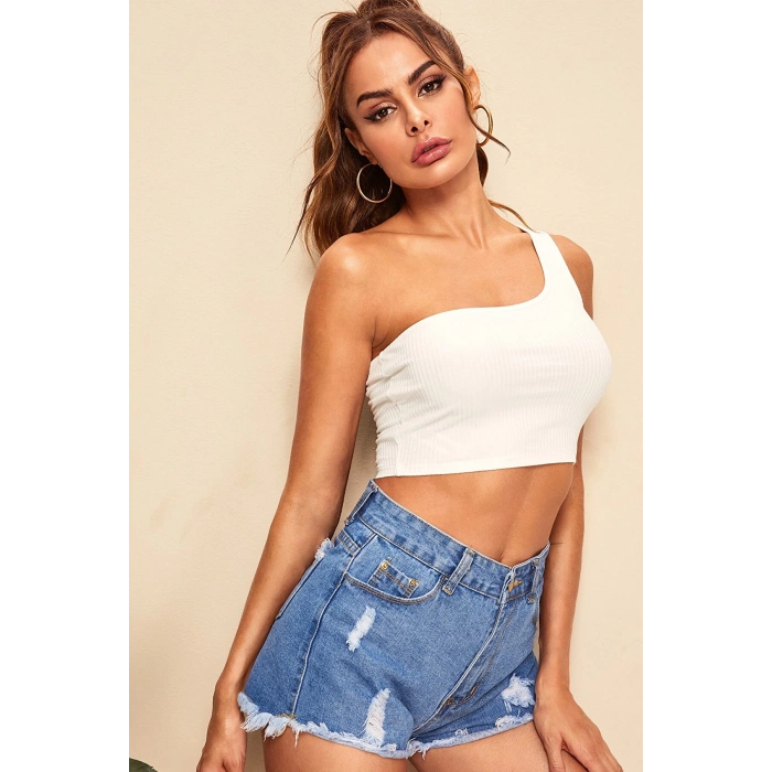 MARSiLYAN- Kadın Beyaz Tek Omuz Crop Büstiyer