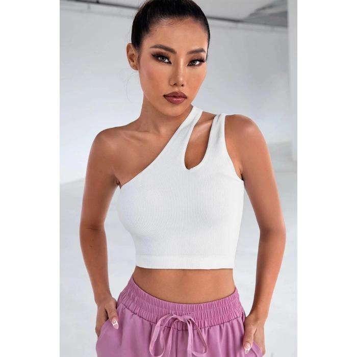 MARSiLYAN- Kadın Beyaz Tek Omuz Cut Out Detaylı Crop Top Bluz