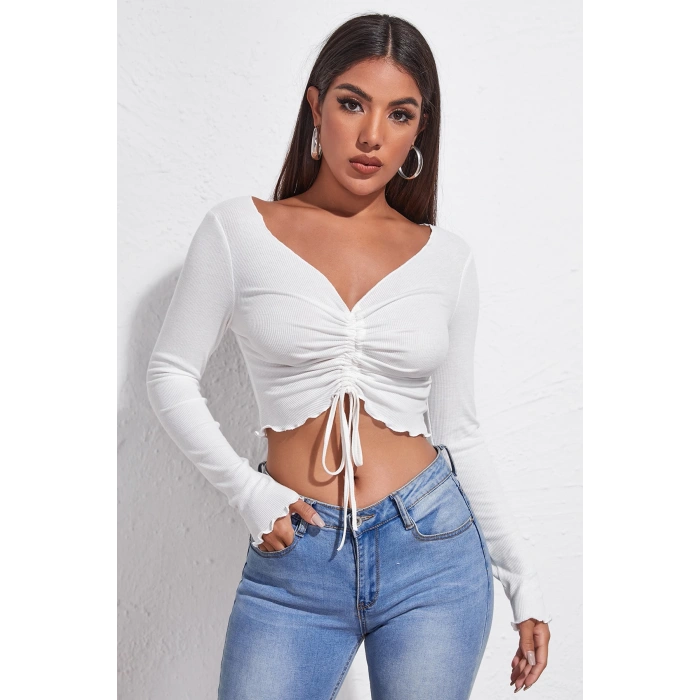 MARSiLYAN- Kadın Beyaz Uzun Kollu Büzdürme Bağcık Detaylı Crop Top Bluz