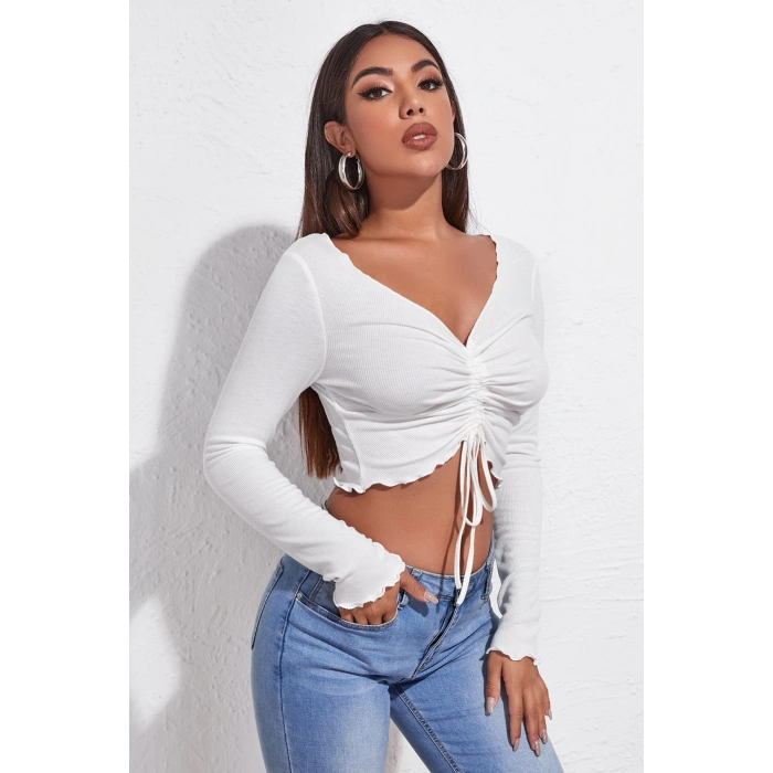 MARSiLYAN- Kadın Beyaz Uzun Kollu Büzdürme Bağcık Detaylı Crop Top Bluz