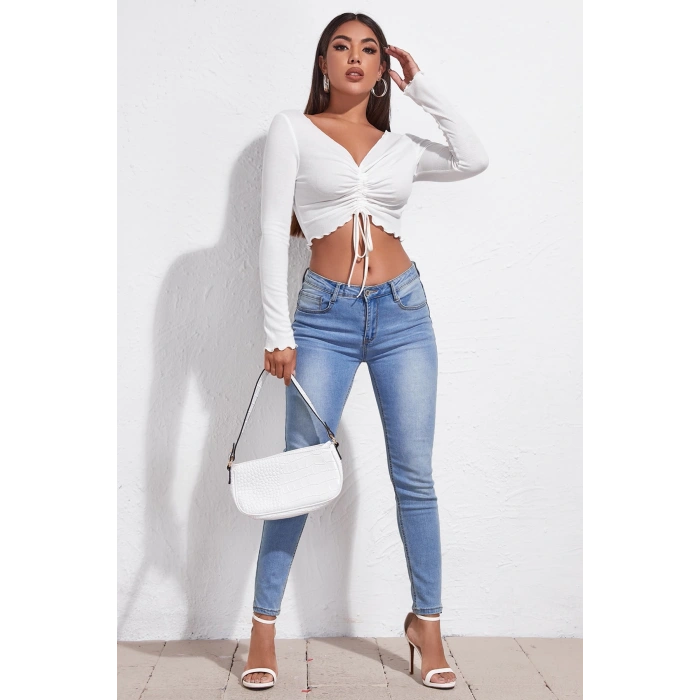 MARSiLYAN- Kadın Beyaz Uzun Kollu Büzdürme Bağcık Detaylı Crop Top Bluz
