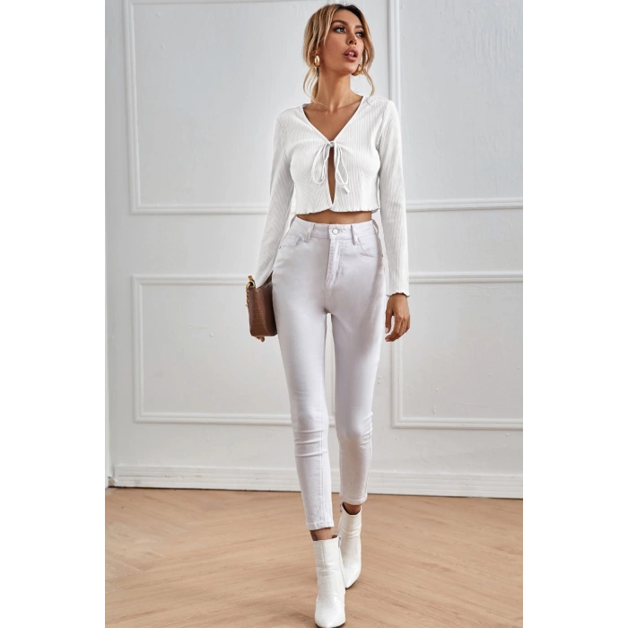 MARSiLYAN- Kadın Beyaz Uzun Kollu Önden Bağlama Detaylı Crop Top Bluz