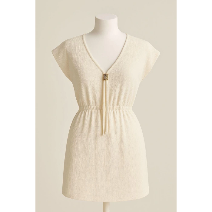 MARSiLYAN- Kadın Beyaz Yanları Yırtmaçlı Tokalı V Yaka Mini Plaj Elbisesi