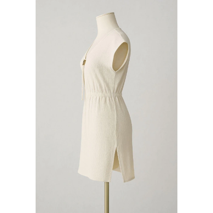 MARSiLYAN- Kadın Beyaz Yanları Yırtmaçlı Tokalı V Yaka Mini Plaj Elbisesi