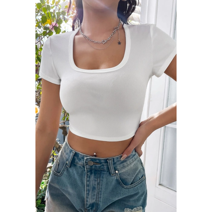 MARSiLYAN- Kadın Beyaz Yarım Kol Düz Yaka Crop Top Bluz