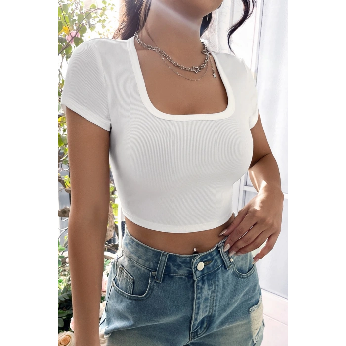 MARSiLYAN- Kadın Beyaz Yarım Kol Düz Yaka Crop Top Bluz