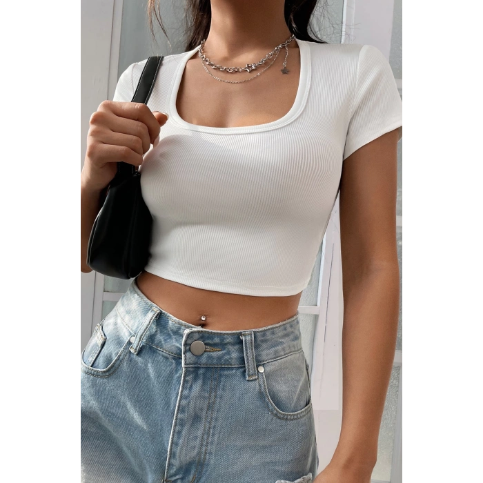 MARSiLYAN- Kadın Beyaz Yarım Kol Düz Yaka Crop Top Bluz