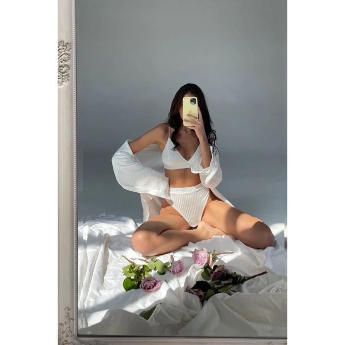 MARSiLYAN- Kadın Beyaz Yüksek Bel Dolgusuz Slip Takım