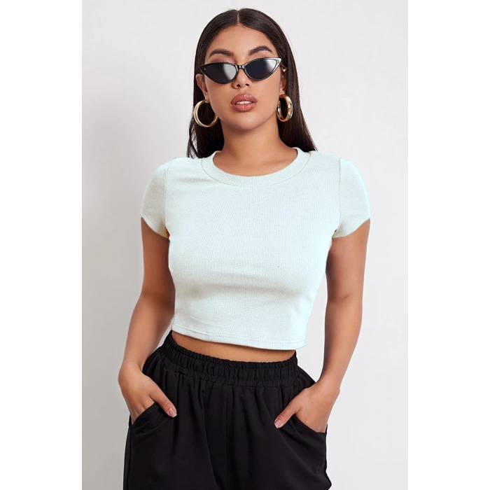 MARSiLYAN- Kadın Beyaz Yuvarlak Yaka Yarım Kol Crop Top Bluz