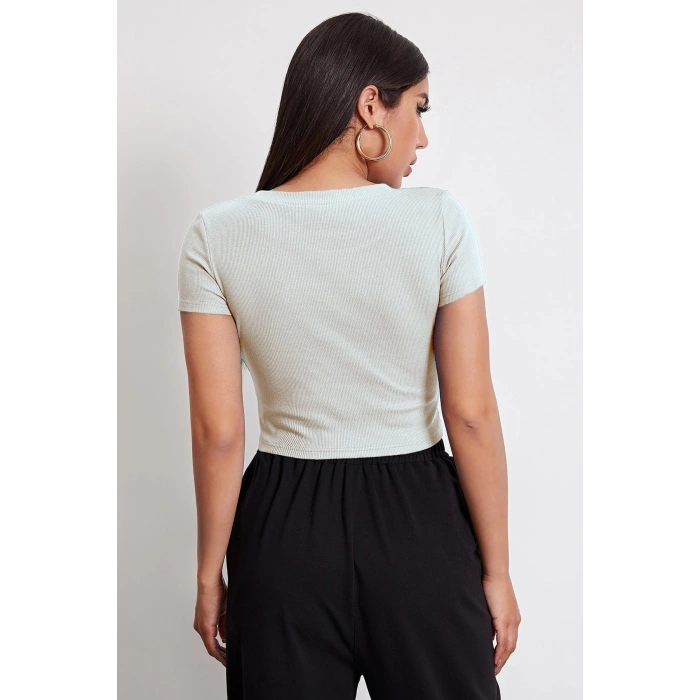 MARSiLYAN- Kadın Beyaz Yuvarlak Yaka Yarım Kol Crop Top Bluz