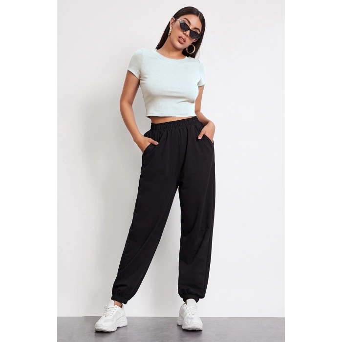 MARSiLYAN- Kadın Beyaz Yuvarlak Yaka Yarım Kol Crop Top Bluz