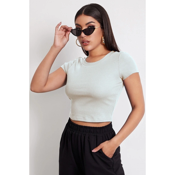 MARSiLYAN- Kadın Beyaz Yuvarlak Yaka Yarım Kol Crop Top Bluz