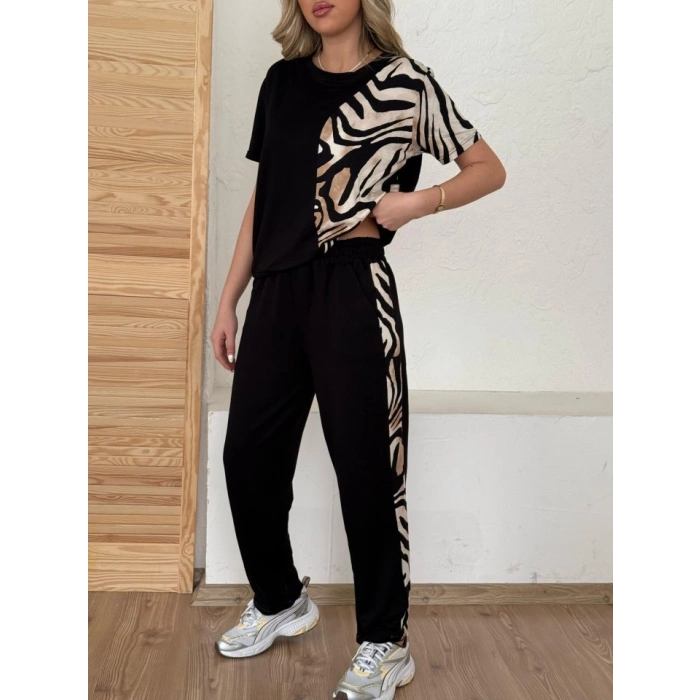 MARSiLYAN- Kadın Bisiklet Yaka Kısa Kol Leopar Desen Bluz Ve Pantolon Ikili Takım