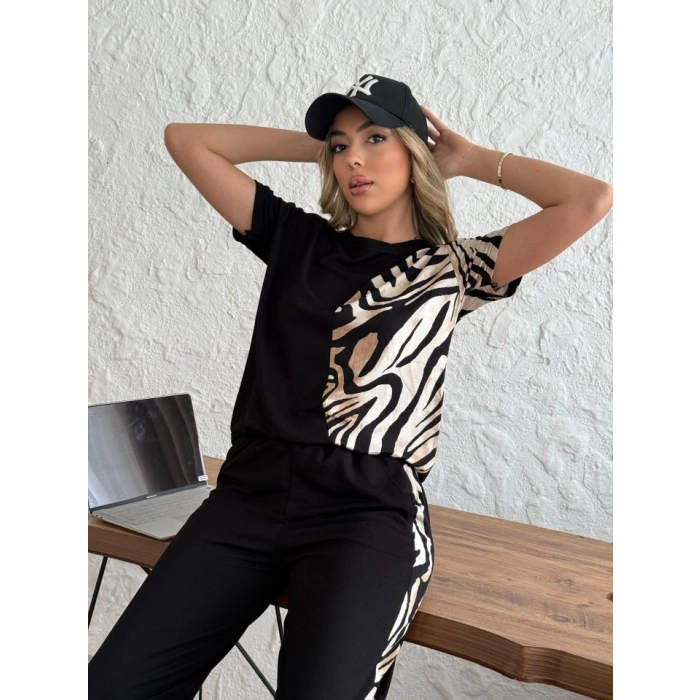 MARSiLYAN- Kadın Bisiklet Yaka Kısa Kol Leopar Desen Bluz Ve Pantolon Ikili Takım