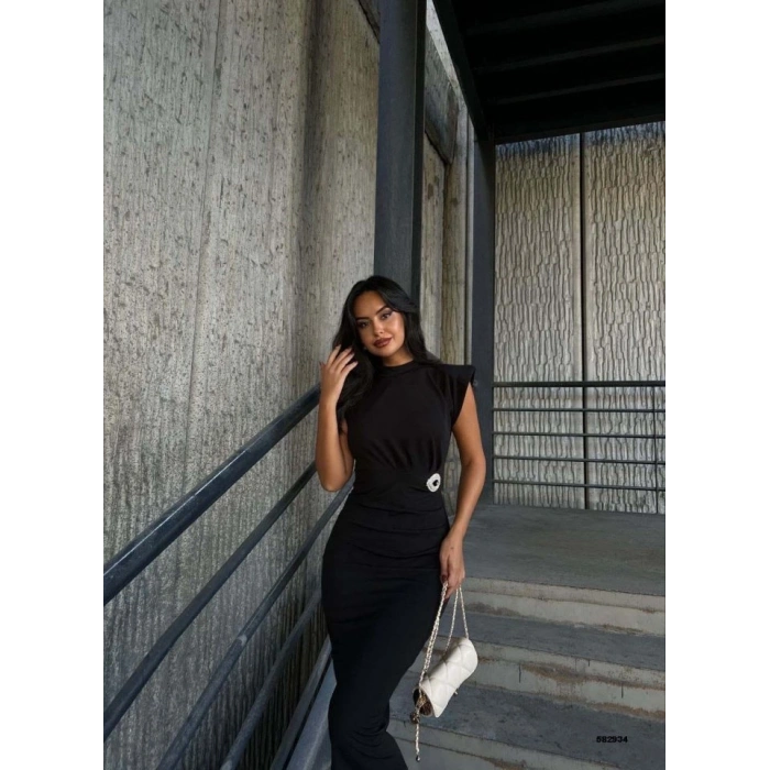 MARSiLYAN- Kadın Bisiklet Yaka Vatkalı Broş Detay Kısa Kol Midi Boy Elbise