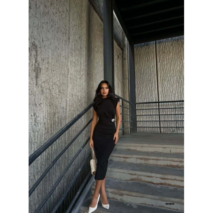 MARSiLYAN- Kadın Bisiklet Yaka Vatkalı Broş Detay Kısa Kol Midi Boy Elbise