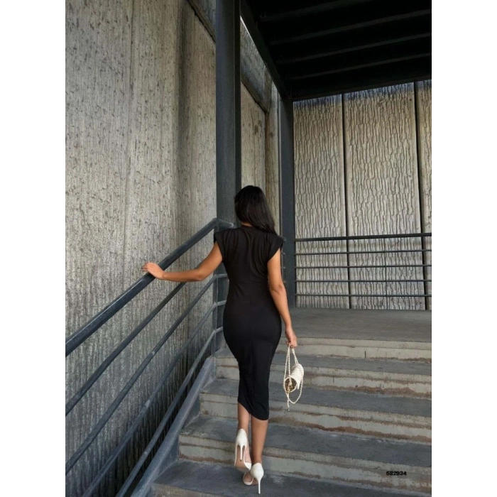 MARSiLYAN- Kadın Bisiklet Yaka Vatkalı Broş Detay Kısa Kol Midi Boy Elbise