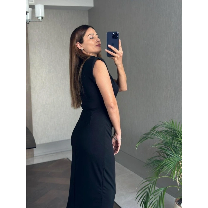 MARSiLYAN- Kadın Bisiklet Yaka Vatkalı Broş Detay Kısa Kol Midi Boy Elbise