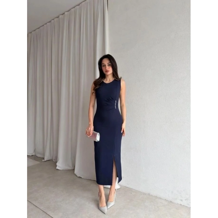 MARSiLYAN- Kadin Bisiklet Yaka Yandanda Kulplu Yirtmac Detay Maxi Boy Elbise