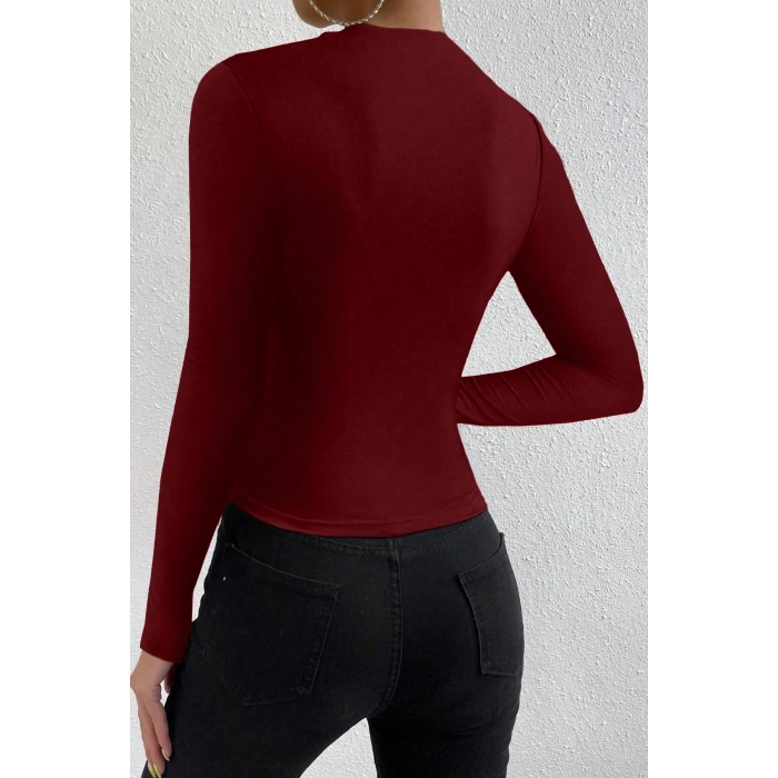 MARSiLYAN- Kadın Bordo Belden ve Boyundan Büzgü Detaylı Uzun Kollu Bluz
